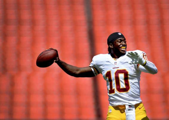 Quarterback Robert Griffin III #10 of the Washington Redskins warms up before playing the Buffalo Bills.
