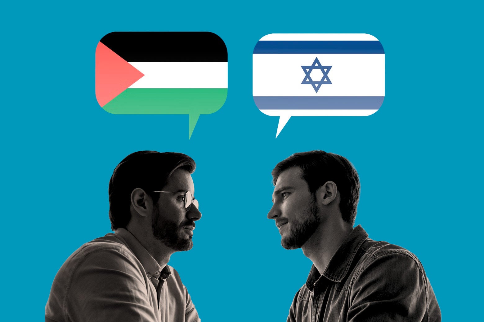 Two people, facing each other and speaking, with one speech bubble holding the Palestinian flag and the other holding the Israeli flag. 