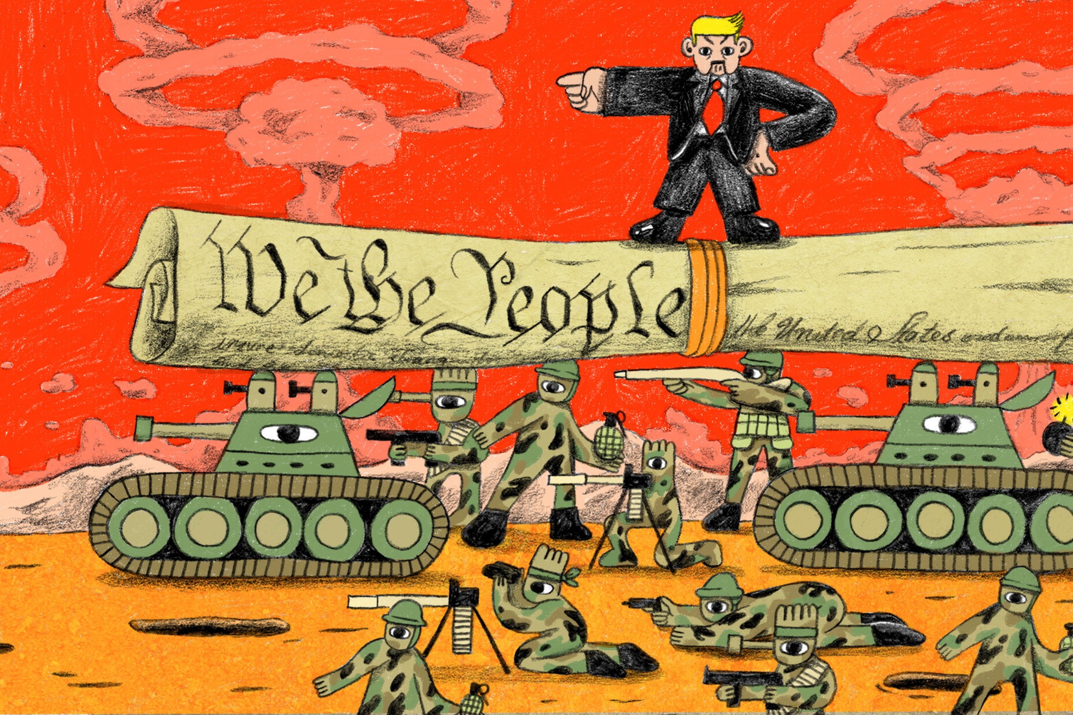 Illustration: A Donald Trump-like figure stands on a large copy of the Constitution laid across two tanks as other soldiers prepare.