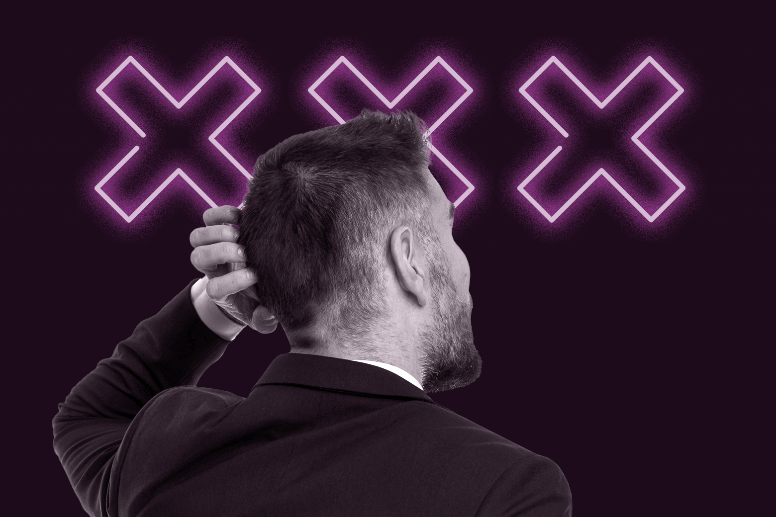 Man scratching his head with multiple Xs above him.