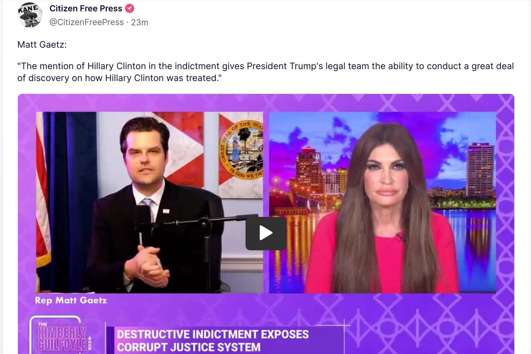 A video embed of Matt Gaetz on Kimberly Guilfoyle's show, in which he recommends going after Hillary Clinton
