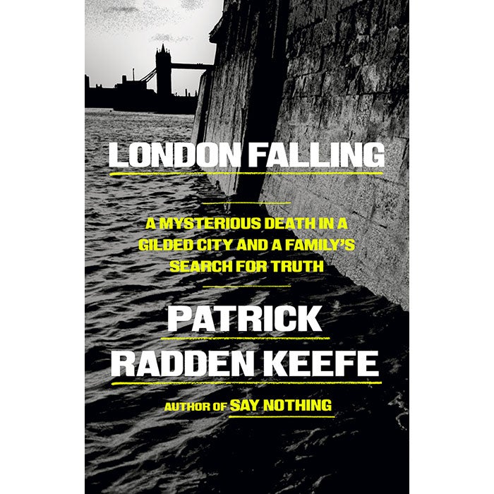 The cover for London Falling by Patrick Radden Keefe depicting a gritty photo of London by the water.