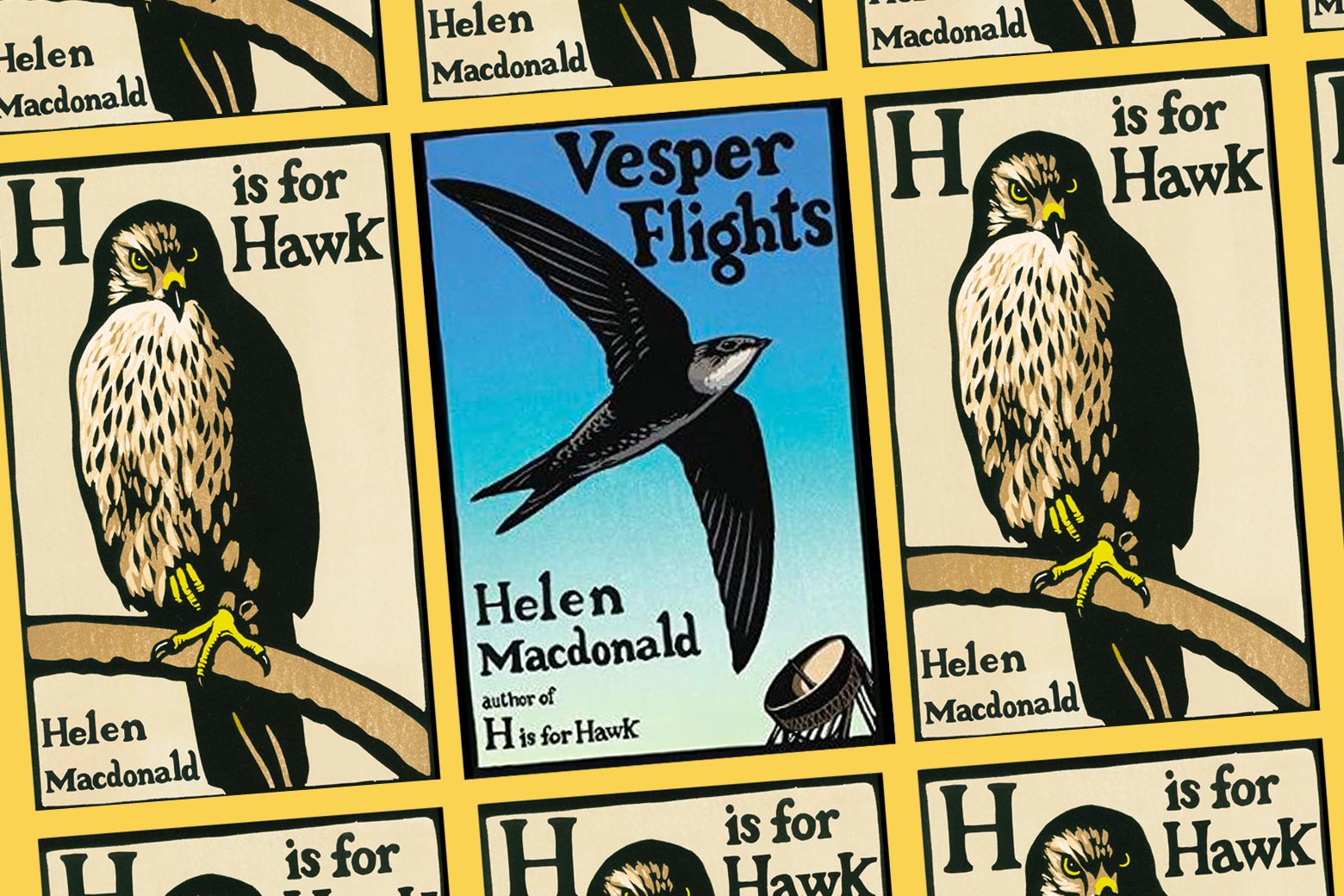 The cover of Vesper Flights, surrounded by multiple images of the cover of H Is for Hawk