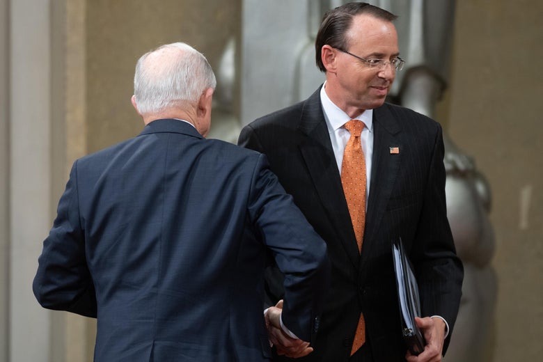 Jeff Sessions shakes hands with Rod Rosenstein.