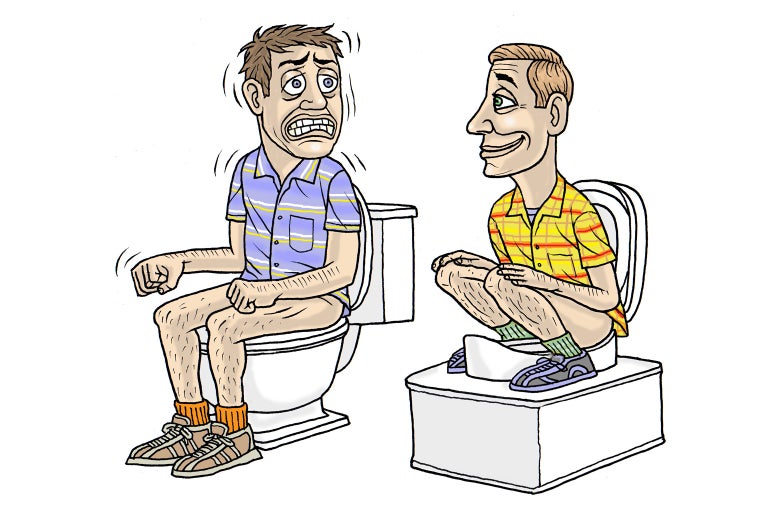 Two men sitting on toilets, one struggling to defecate.