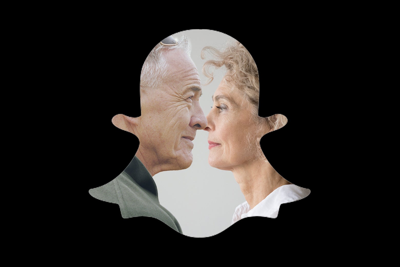 A Snapchat ghost icon hovers over an image of an older man and woman, presumably deceased parents.