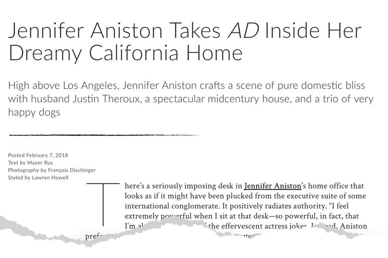 Screen grab from Architectural Digest of an article about Jennifer Aniston and Justin Theroux's Bel Air home.