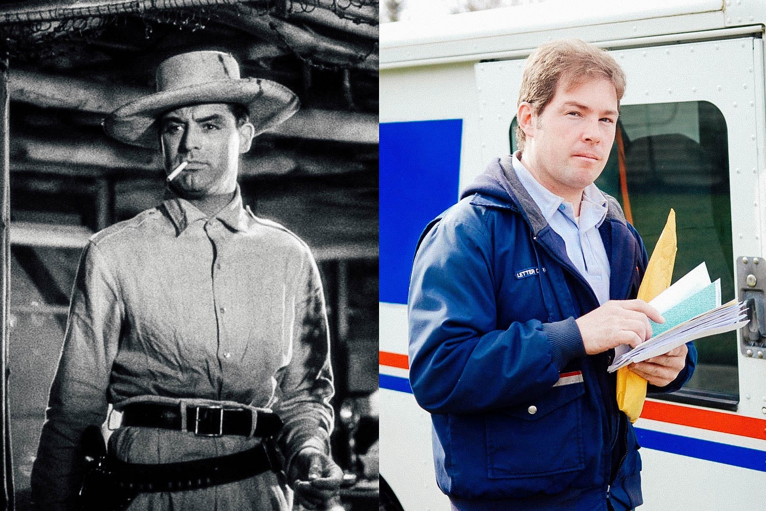 Side-by-side images of Cary Grant as a rakish airmail pilot and a regular guy holding mail and standing outside a USPS vehicle