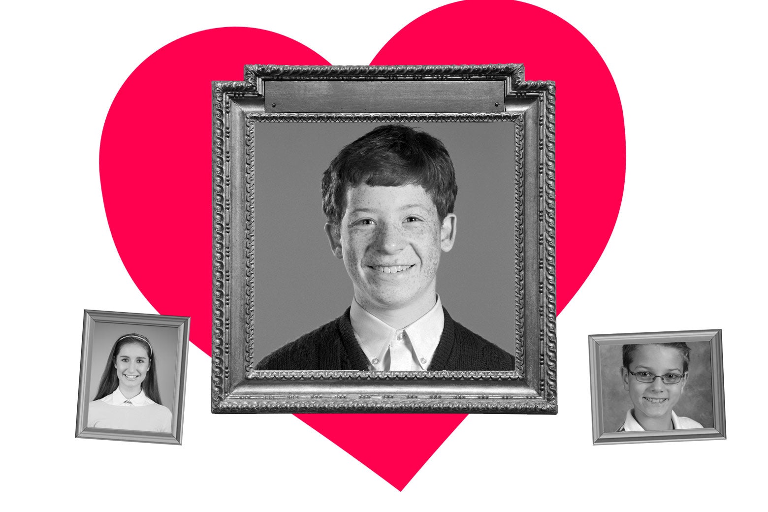 Three photo frames showing school photos; one obviously larger than the others with a heart around it. 