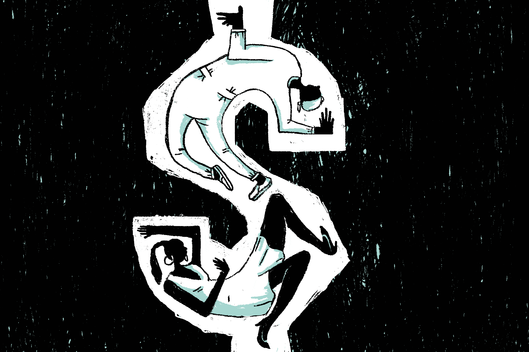 Illustration of two people tumbling inside of a dollar sign.