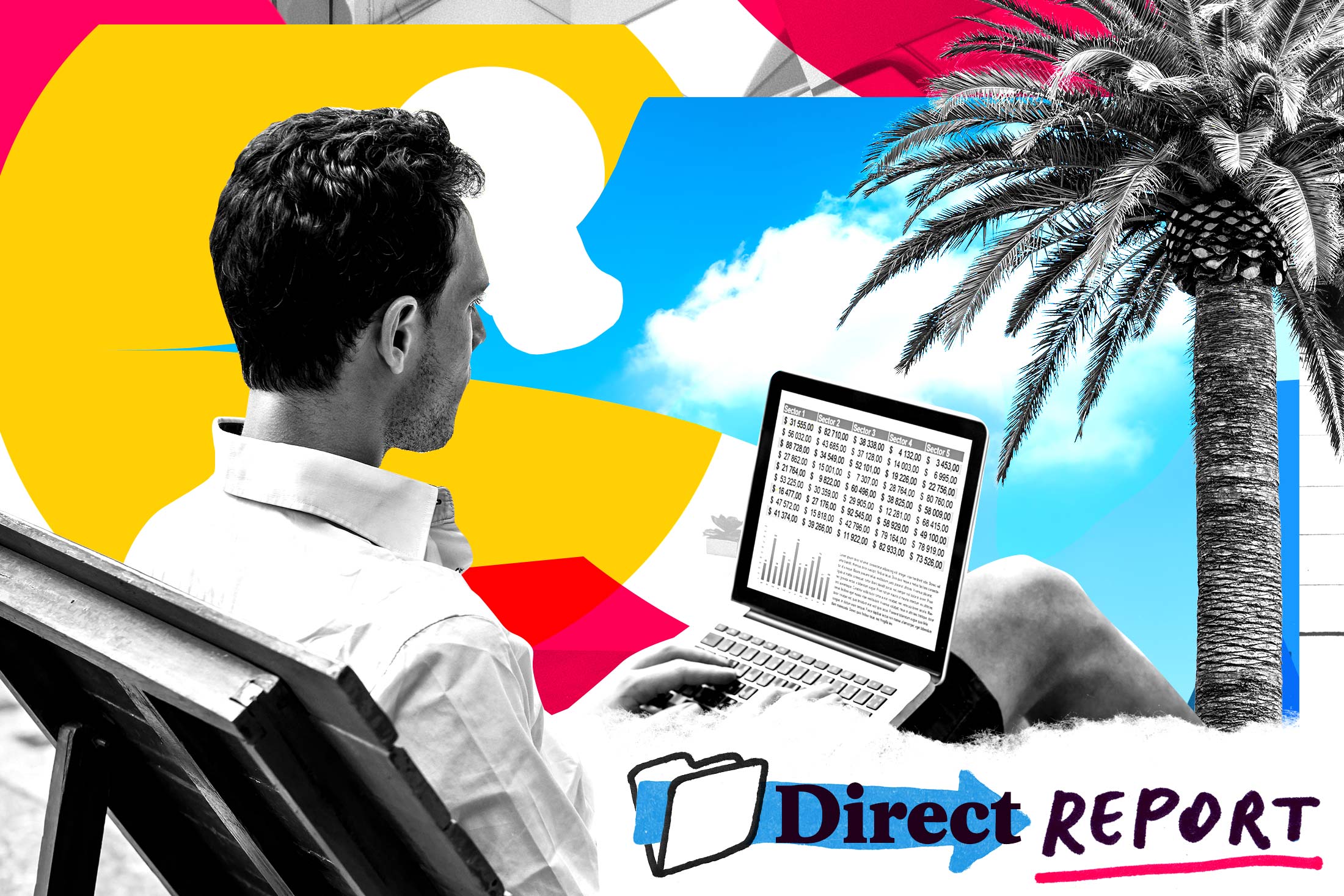 Man working on a laptop next to a palm tree