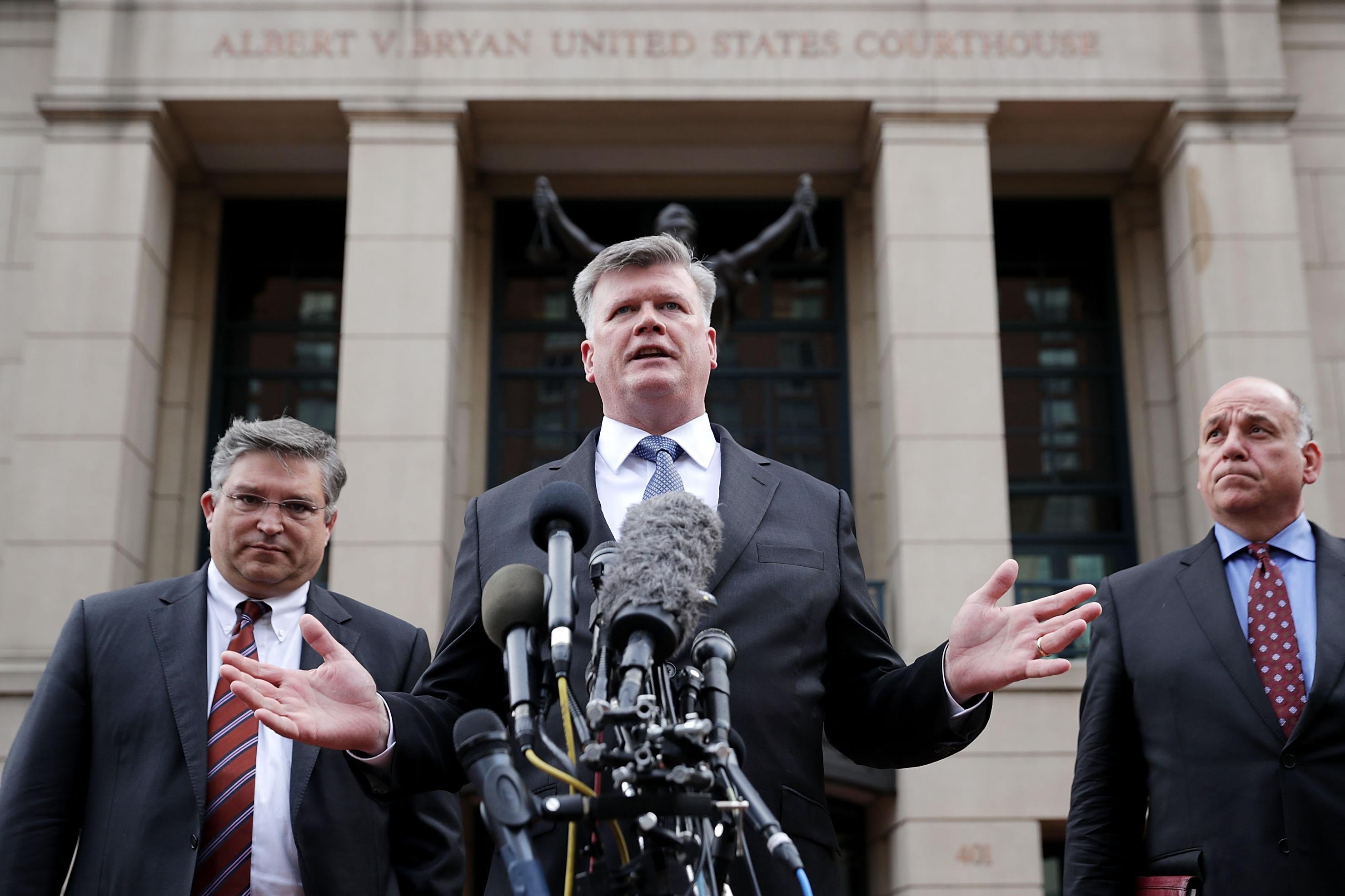 Kevin Downing, a lawyer for Paul Manafort, speaks to reporters outside the courthouse after the jury announced a verdict August 21, 2018 in Alexandria, Virginia. 