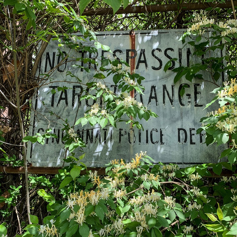 A sign partially covered by bushes that says, "NO TRESPASSING. TARGET RANGE. CINCINNATI POLICE DEPT."