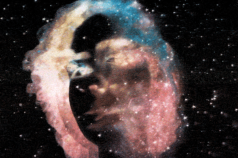 Head made of a galaxy bopping in space.