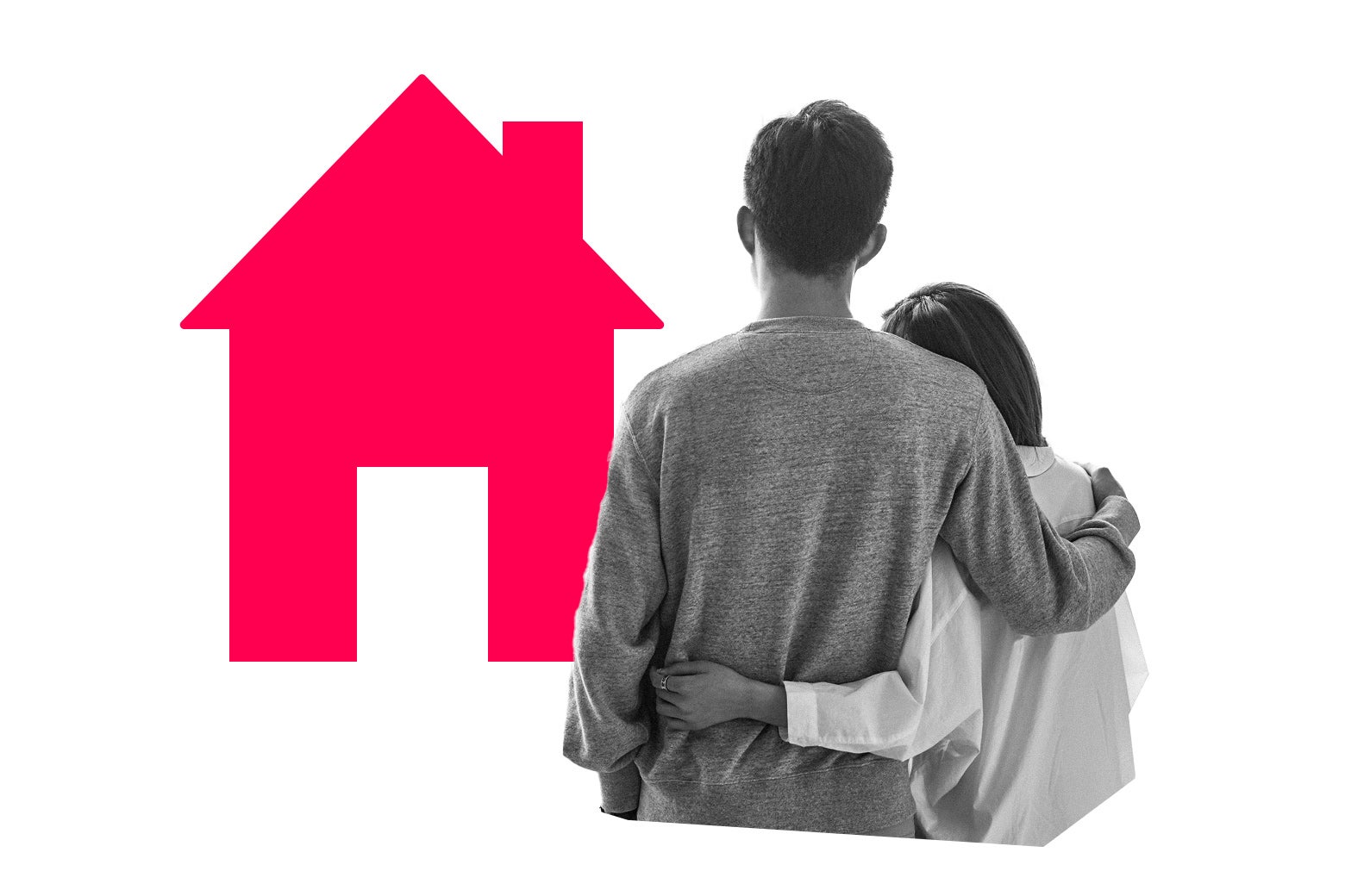 A couple holding each other look at an illustrated house.