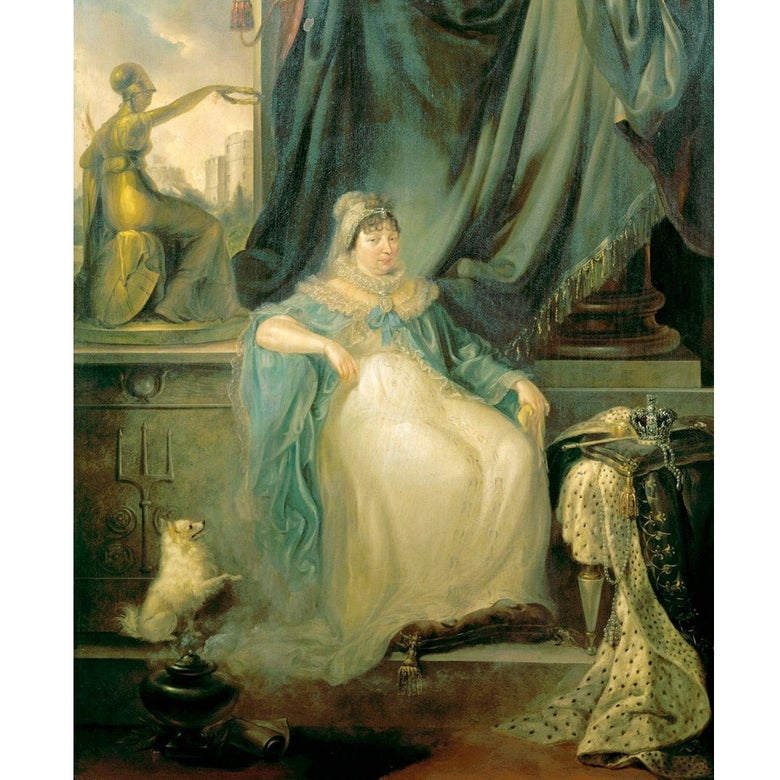 Peter Edward Stroehling's painting Portrait of Charlotte of Mecklenburg-Strelitz, which portrays Queen Charlotte sitting in a room