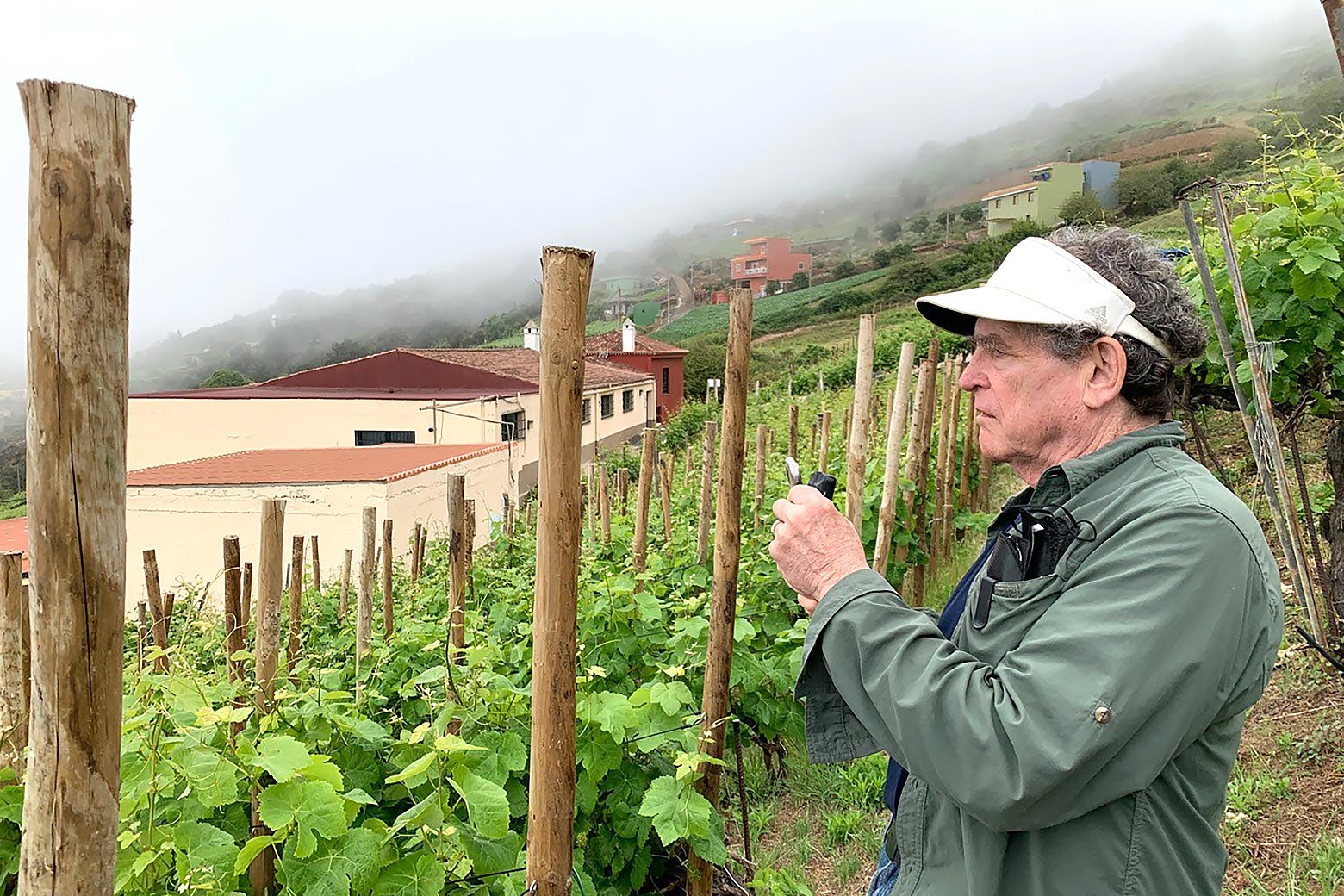 Author Alan Weisman wearing a visor on an overcast day looking out at a field of vegetation.