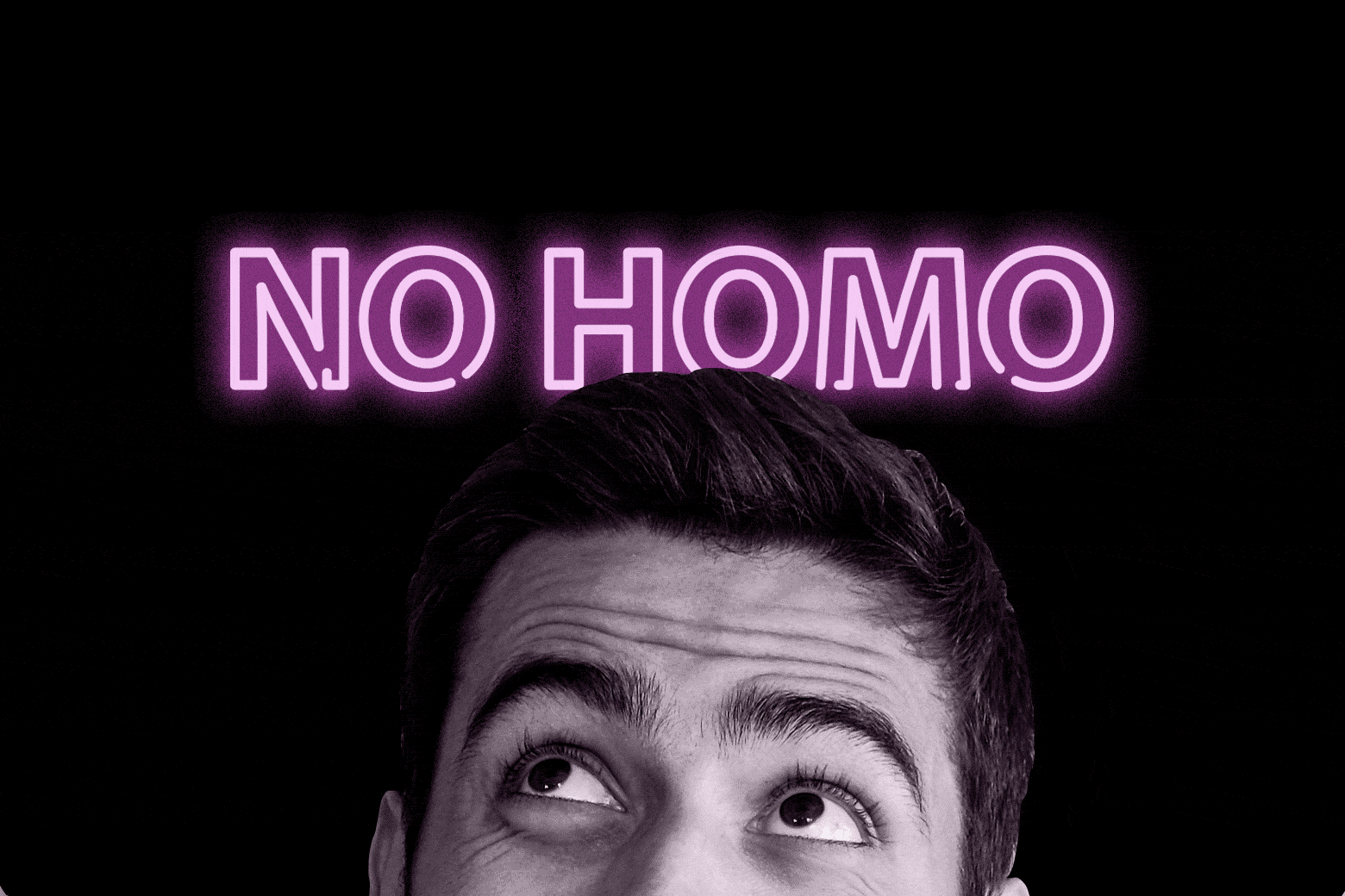 A man looks up as if thinking. Neon lights spell out "NO HOMO" behind him.
