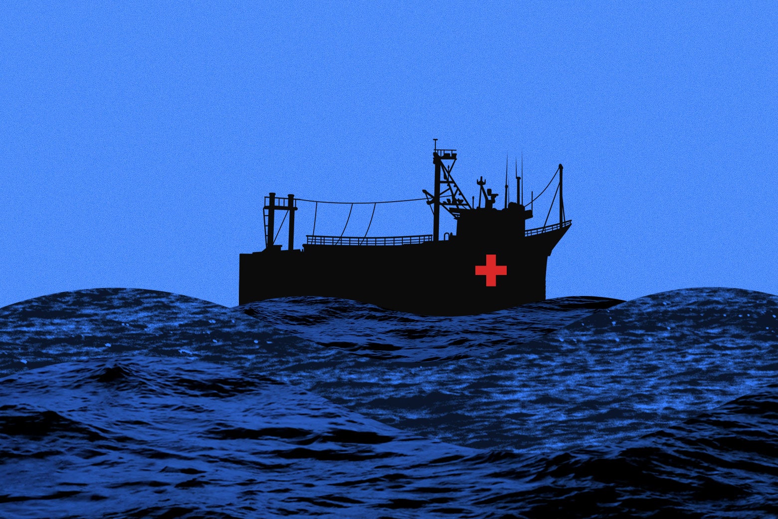 A silhouette of a boat with a red cross on it floats on blue water.
