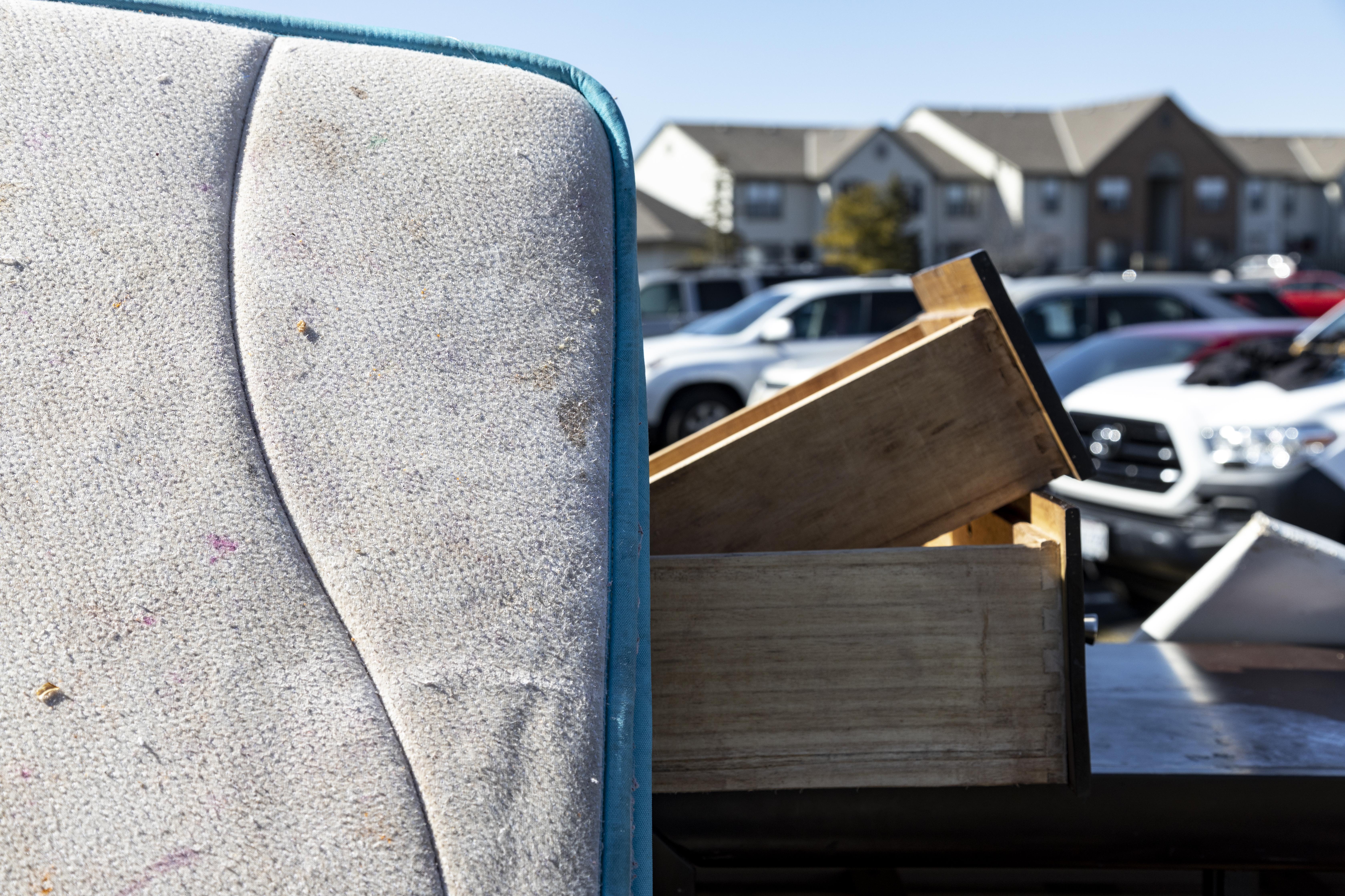 A mattress and drawers outside a residence in the unincorporated community of Galloway on March 3