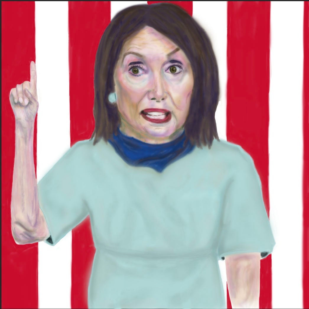 Nancy Pelosi raises a ringer in front of a U.S. flag