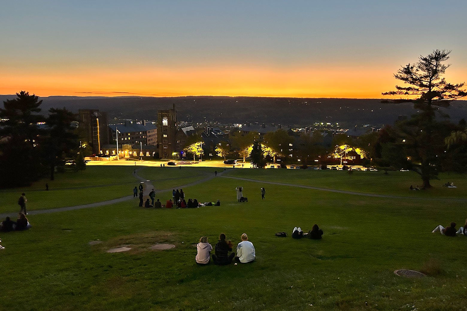 Sun sets over the quad at Cornell.