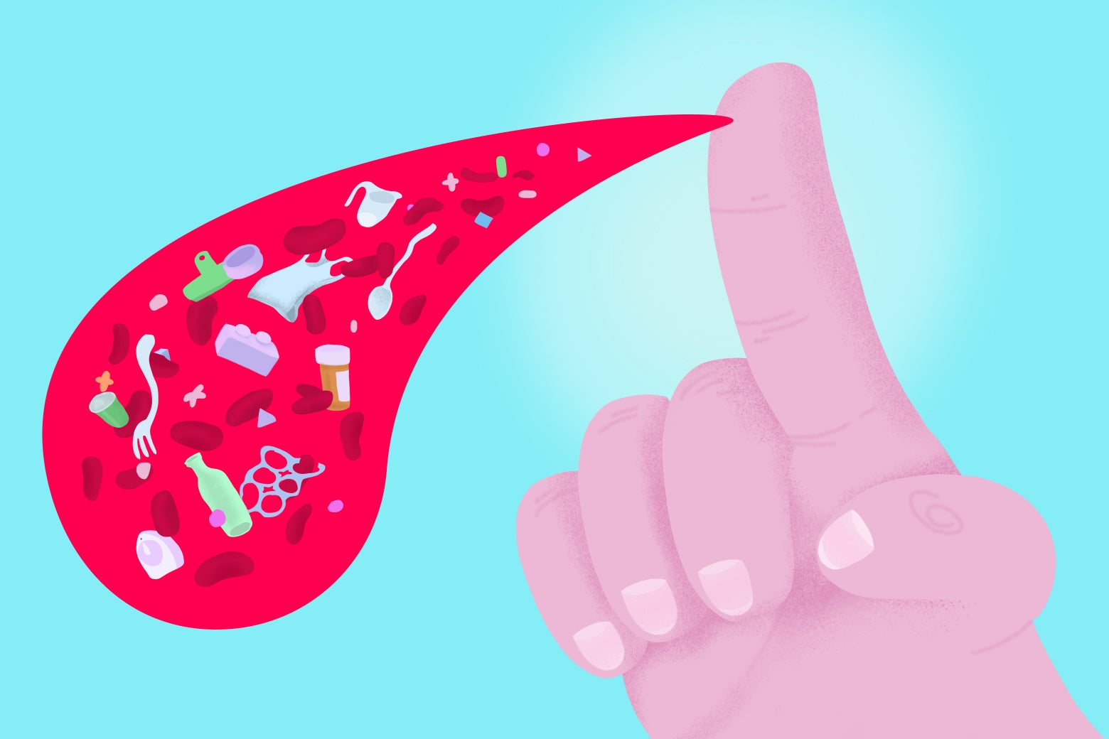 A drop of blood from a fingertip pinprick, featuring plastic particles, including plastic cutlery, plastic cups, and medicine bottles.
