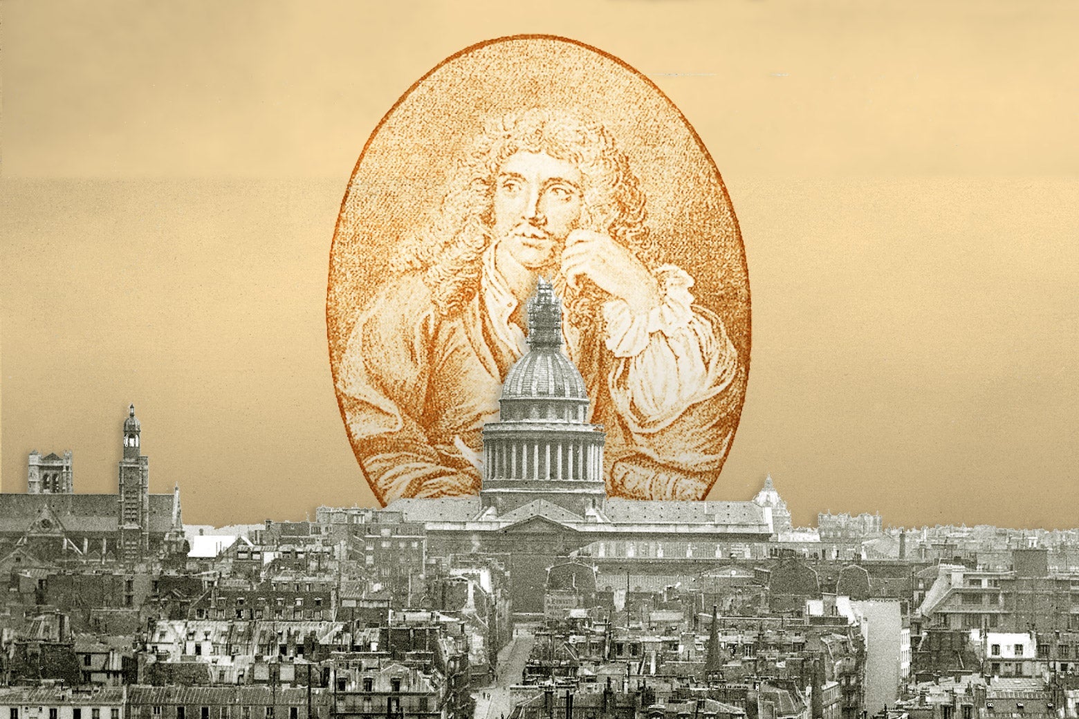 A portrait of Molière floats over the Panthéon in Paris.