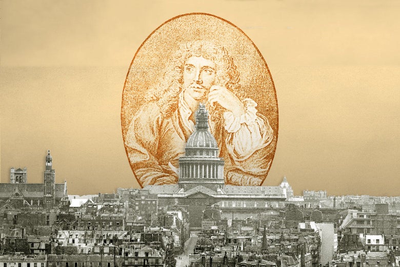 A portrait of Molière floats over the Panthéon in Paris.