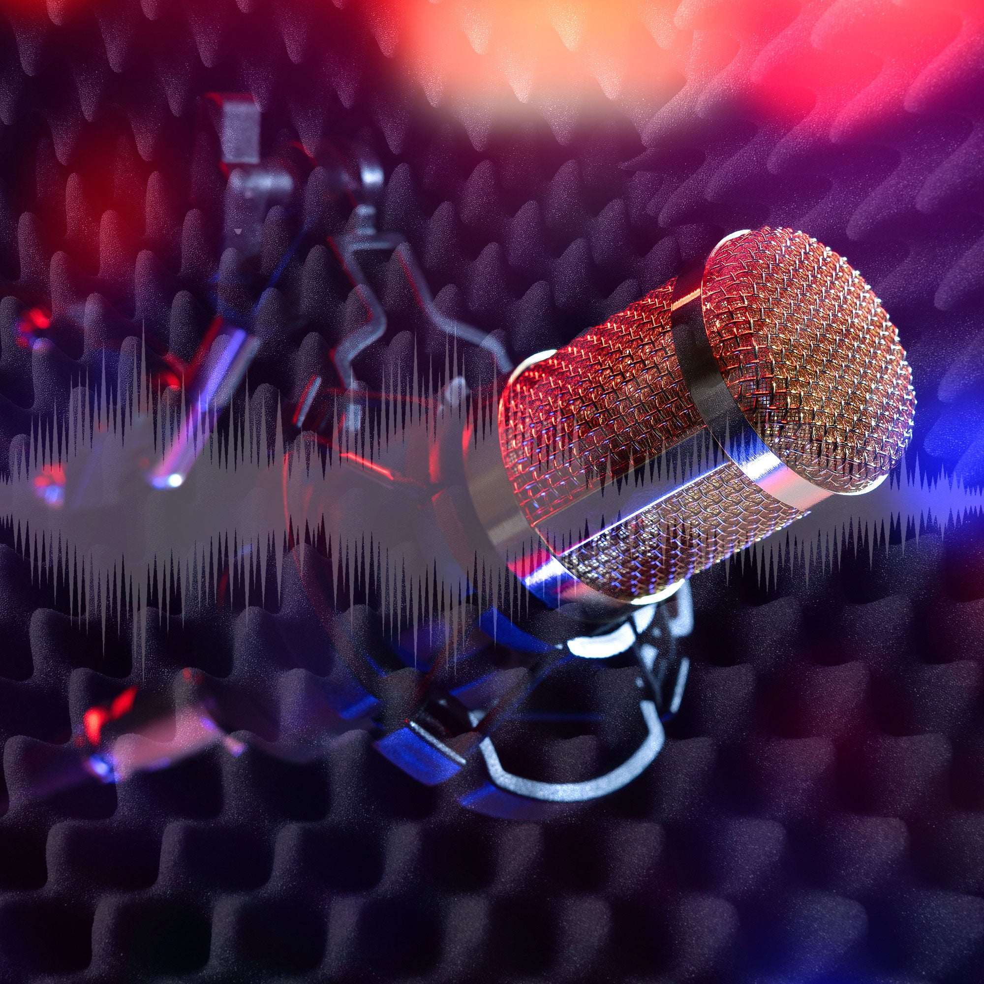 A silver podcasting microphone with sound waves set against a purple, blue, and pink background. 