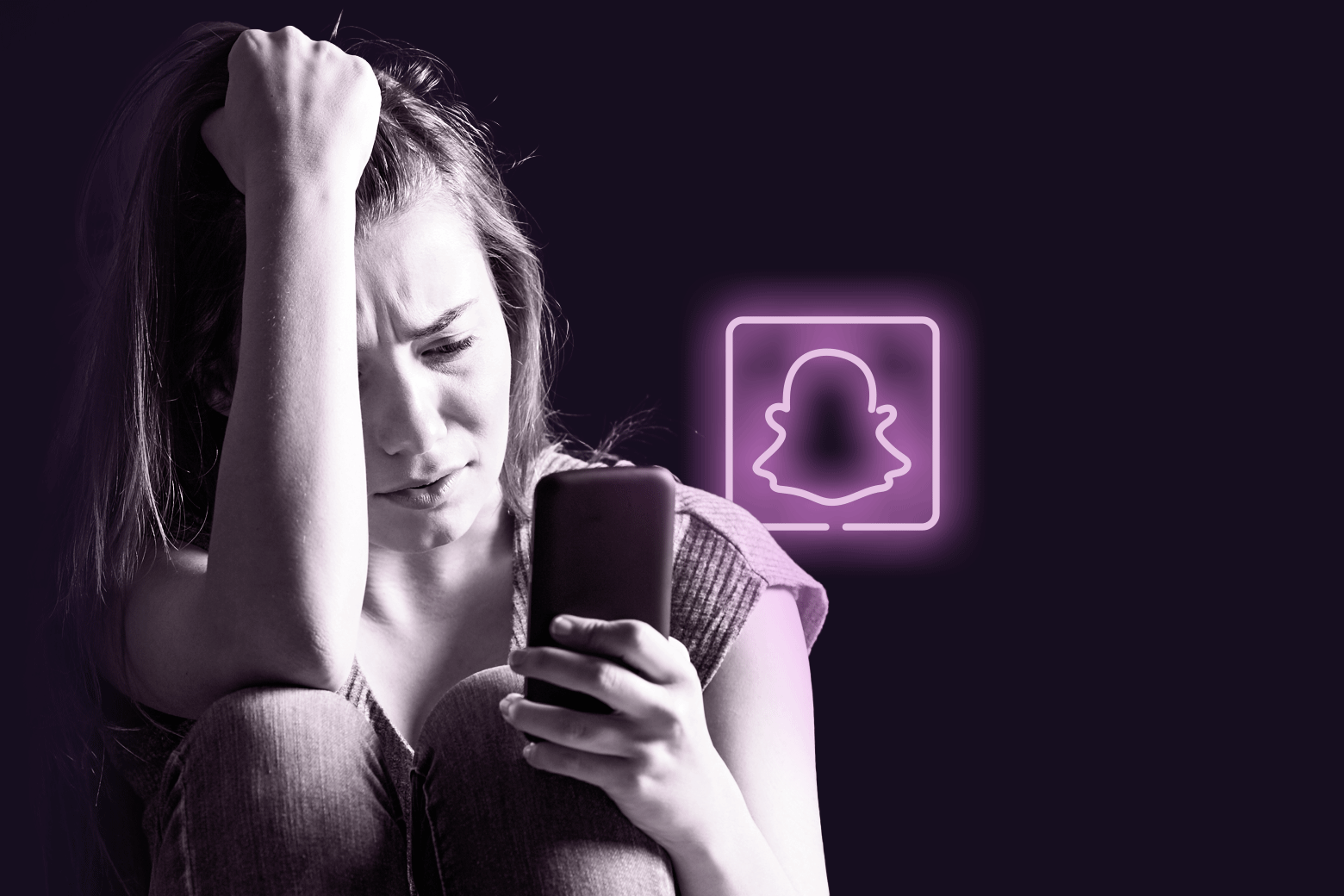 Woman looking distressed at her phone. A Snapchat logo floats next to her.
