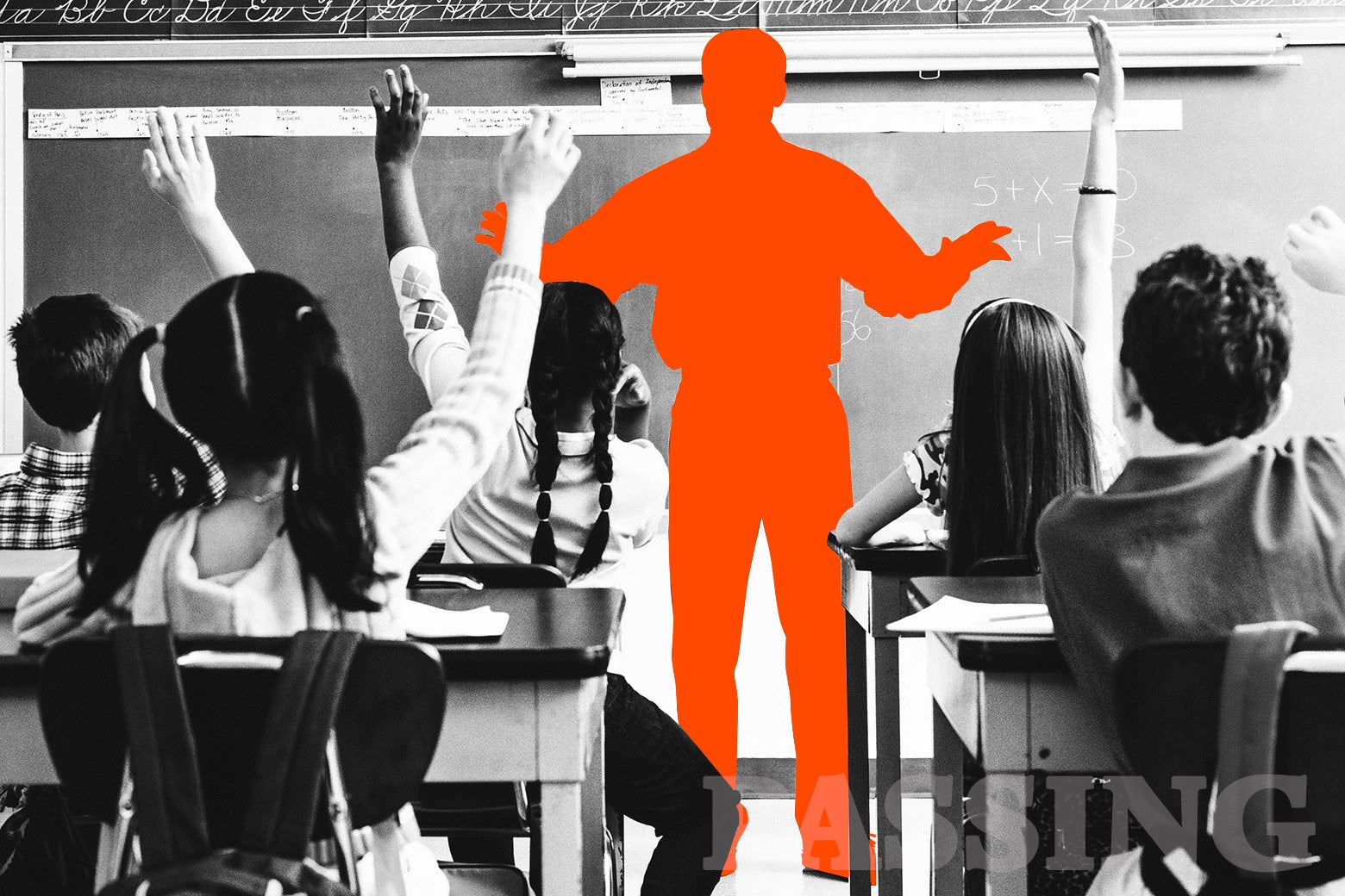 A teacher in front of his classroom, silhouetted out in orange.