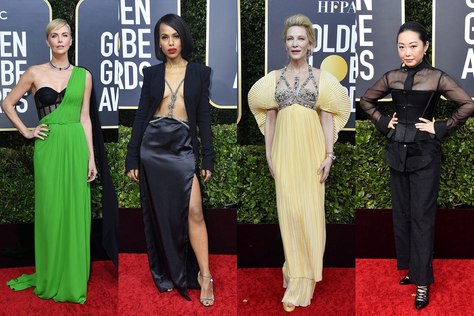 Charlize Theron, Kerry Washington, Cate Blanchett, and Lulu Wang pose at the 2020 Golden Globes red carpet.