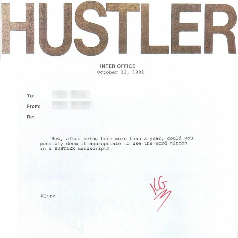 A photo of a particularly colorful Hustler memo from the 1980s.