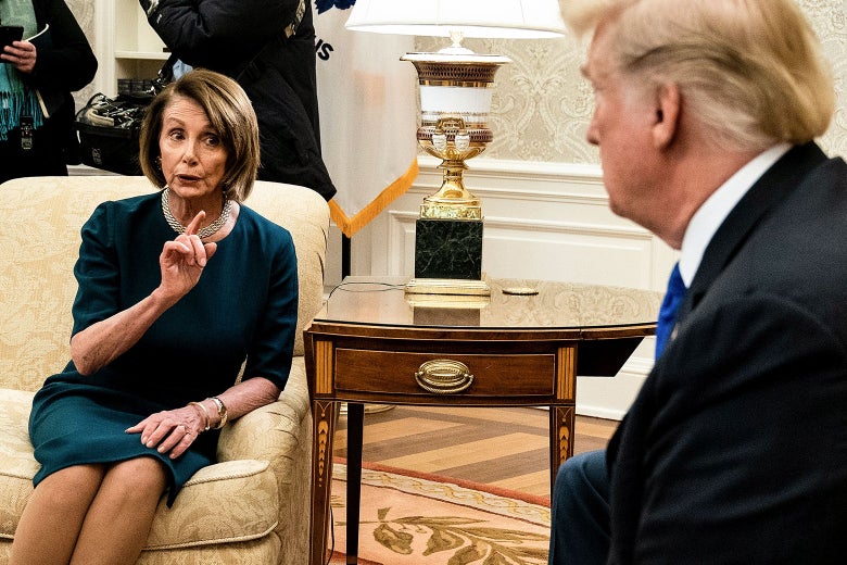 Nancy Pelosi points a finger toward Donald Trump as they talk in the Oval Office.