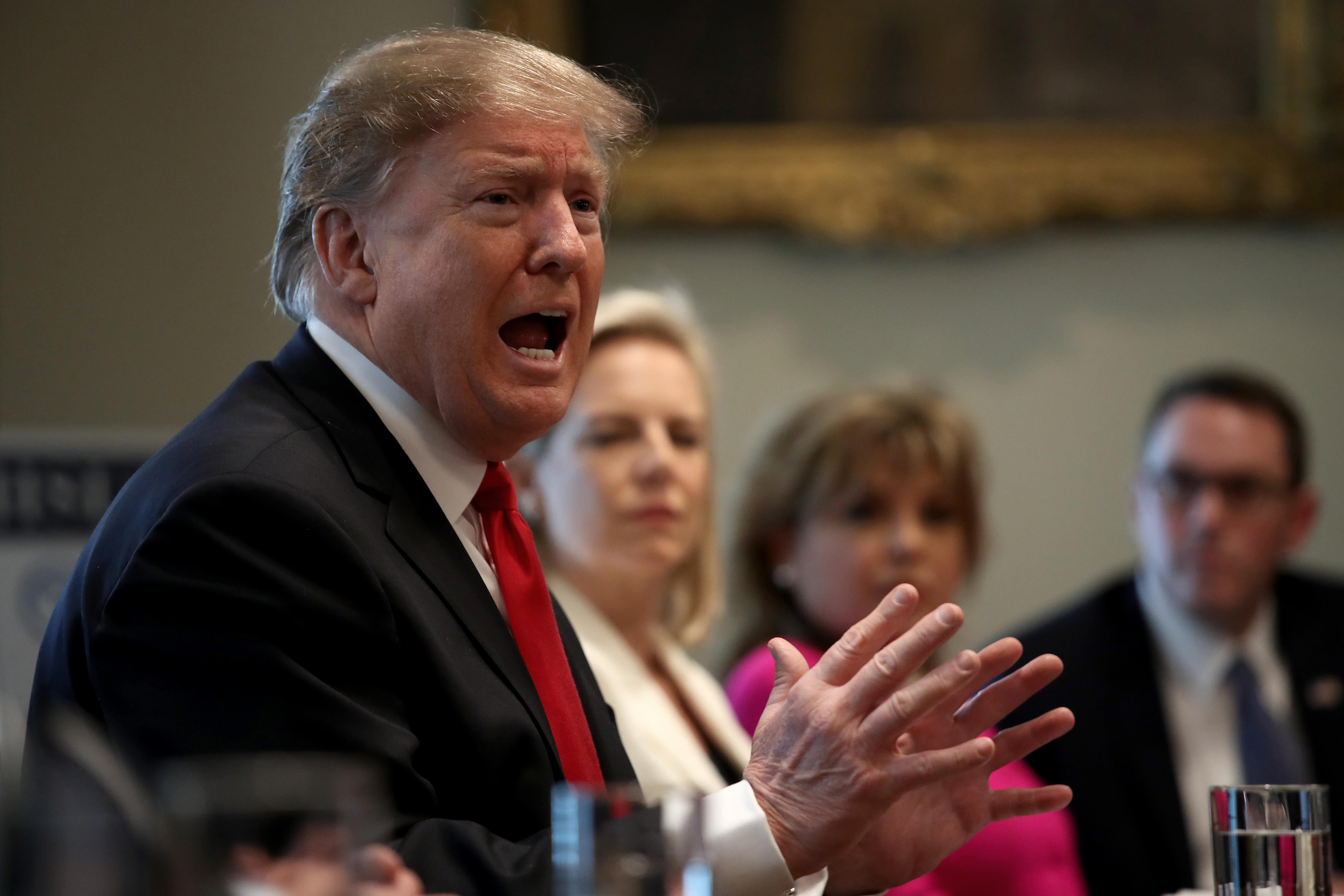 President Donald Trump speaks during a meeting in the Cabinet Room of the White House February 1, 2019 in Washington, D.C. 