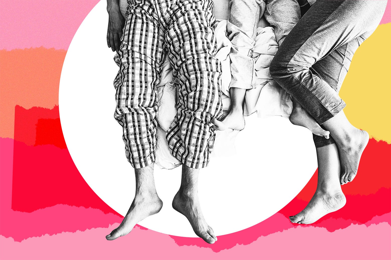 Photo illustration: Three pairs of feet lie in bed depicting two parents and a child.