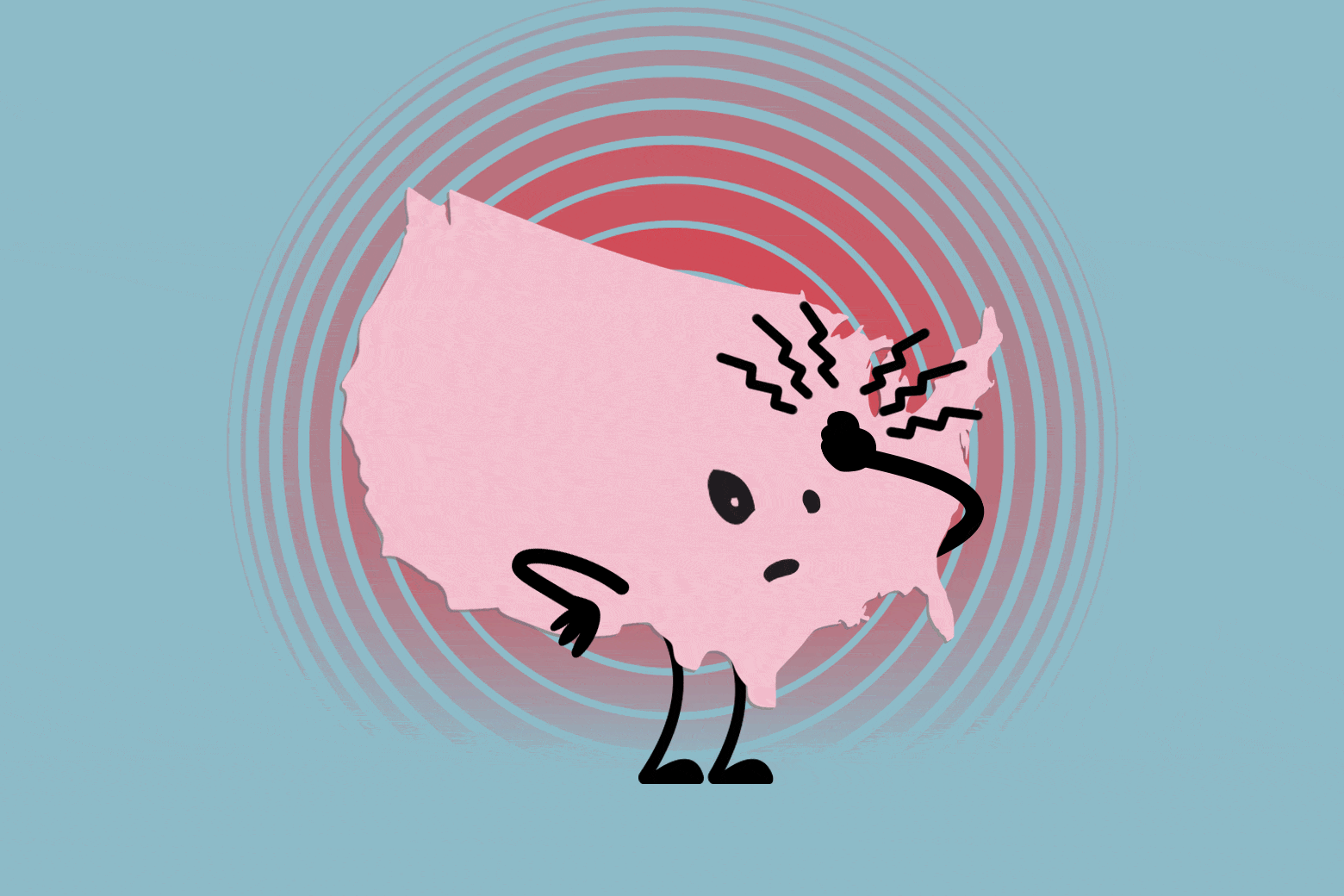 Um desenho animado dos Estados Unidos está carrancudo e com uma dor de cabeça latejante.