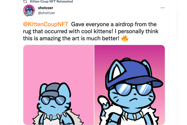 A social media post comparing images from the original NFT and the Kitten Coup NFT.