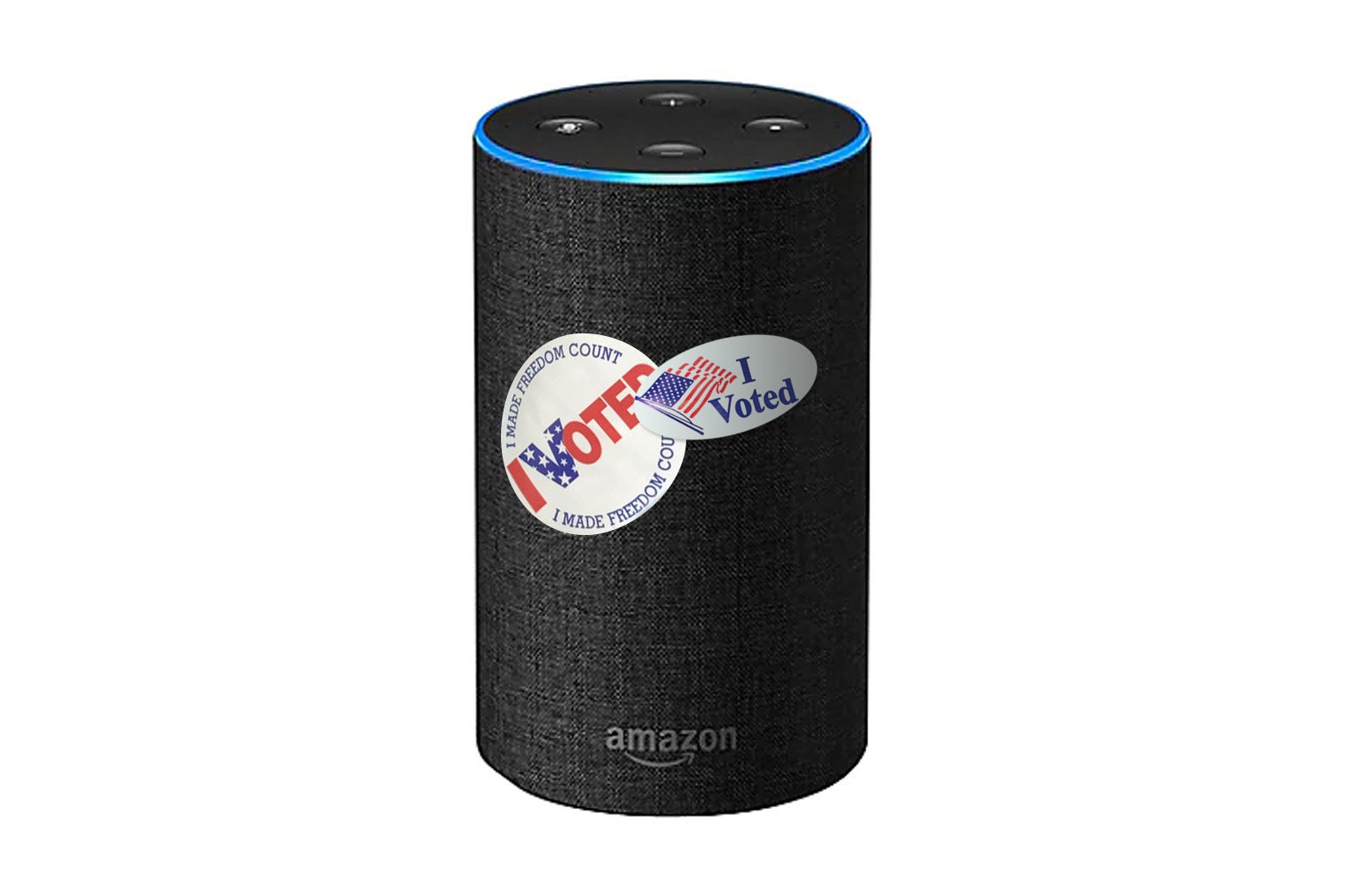 An Alexa with "I Voted" stickers on it.