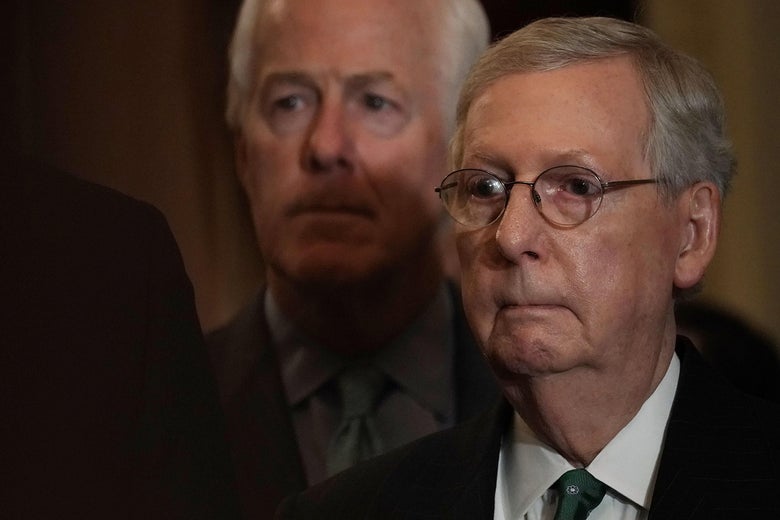 Senate Majority Leader Sen. Mitch McConnell listens during a news briefing on October 10, 2018 at the U.S. Capitol in Washington, D.C. 
