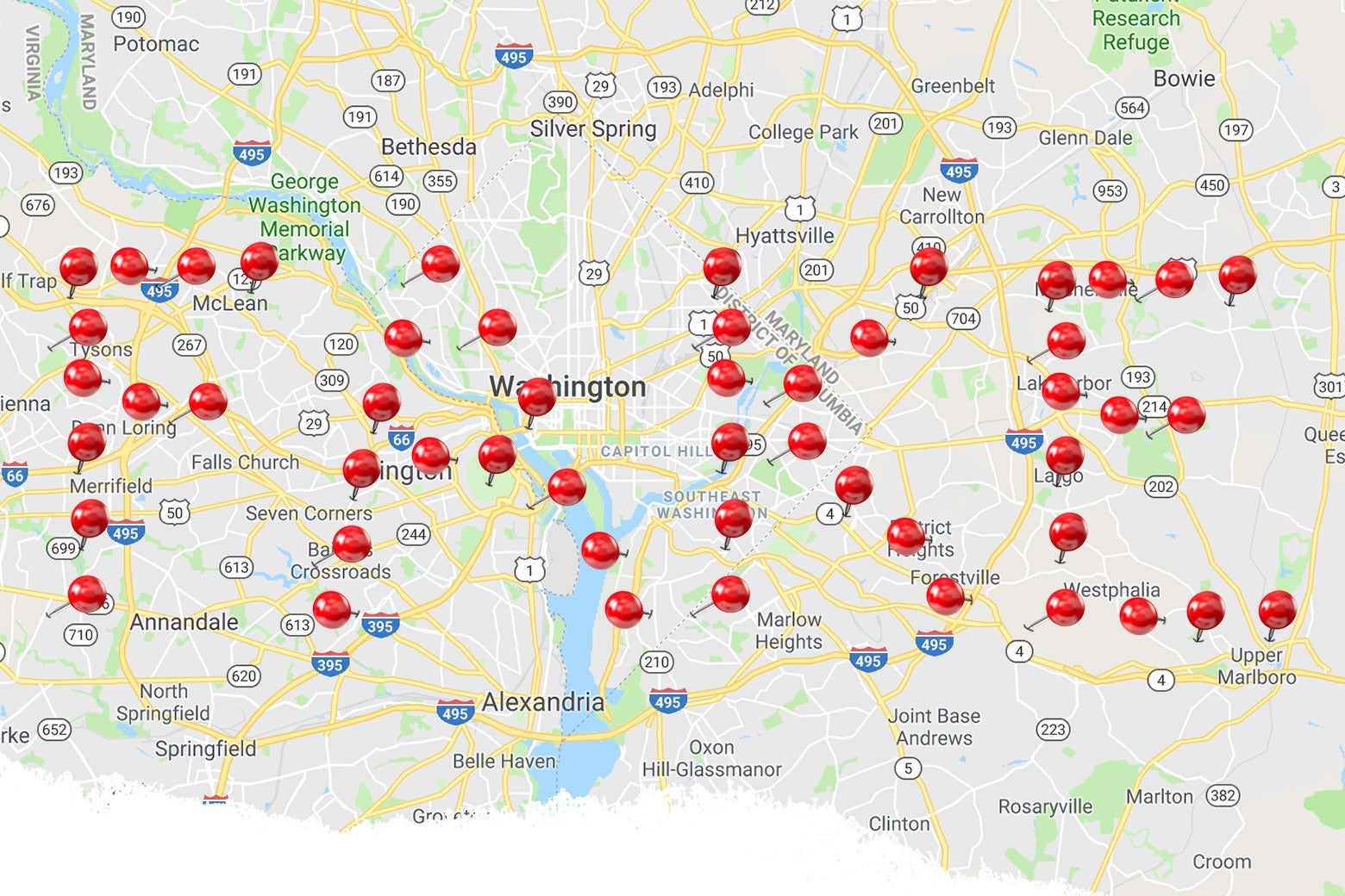 Photo illustration of Google Maps pins across the D.C./Maryland/Virginia region spelling out the word "FAKE."