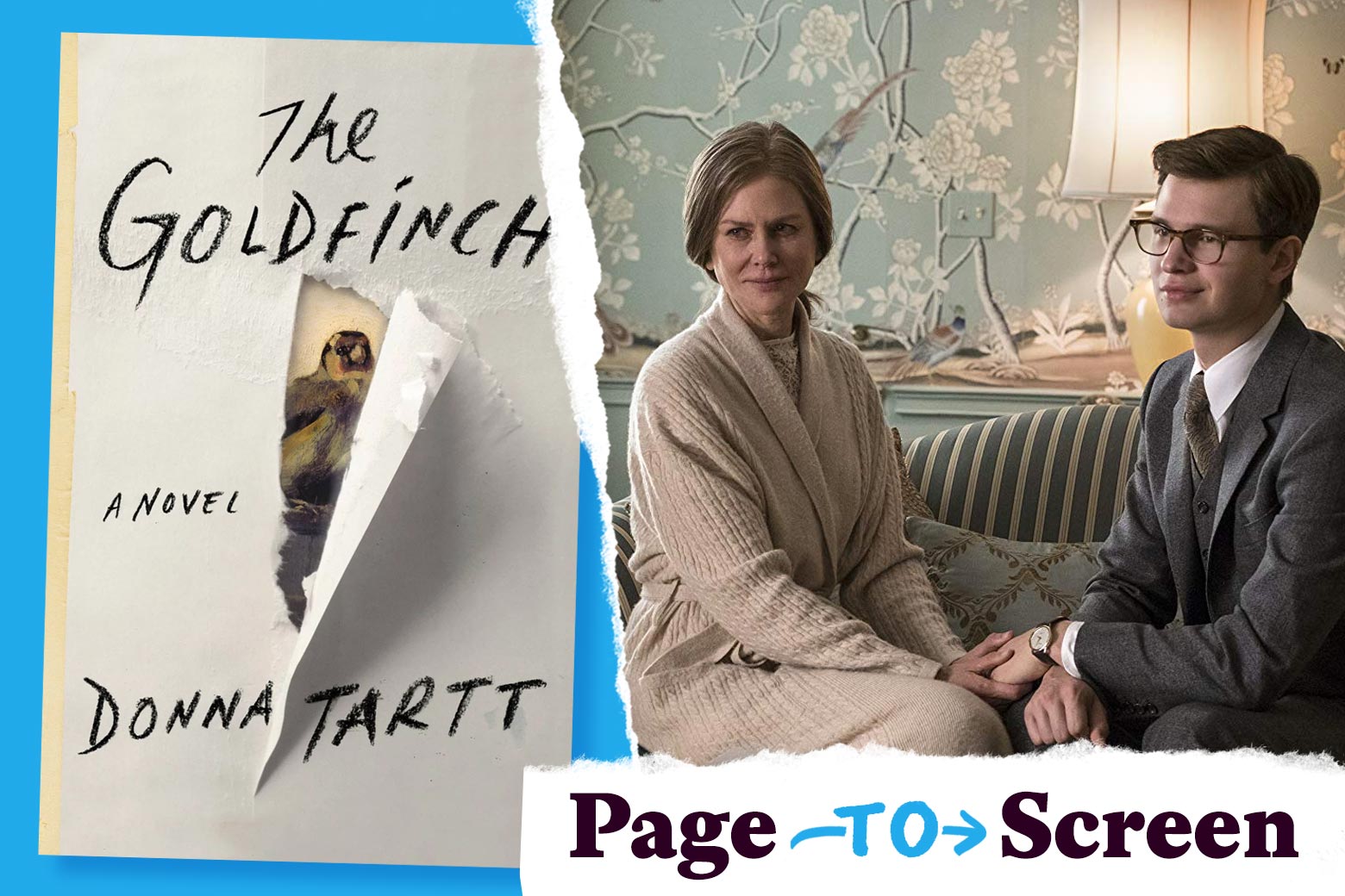The cover of The Goldfinch book and a still image from the movie featuring Nicole Kidman and Ansel Elgort.
