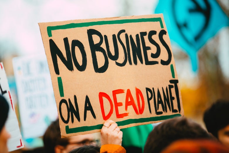 A hand in a crowd holds a sign that says "No Business on a Dead Planet."