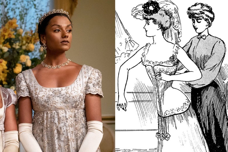 Left: Simone Ashley wears an empire-waist gown and tiara. Right: an illustration of a woman in a corset that dramatically tapers at the waist.