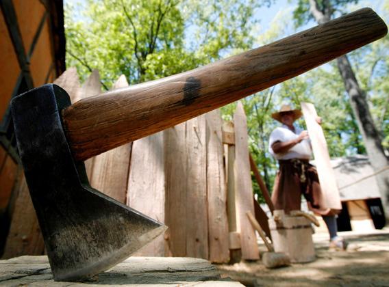 An axe at Jamestown Settlement, a museum of the 17th-century colonial Virginia, in Williamsburg, Virginia, May 1, 2007.