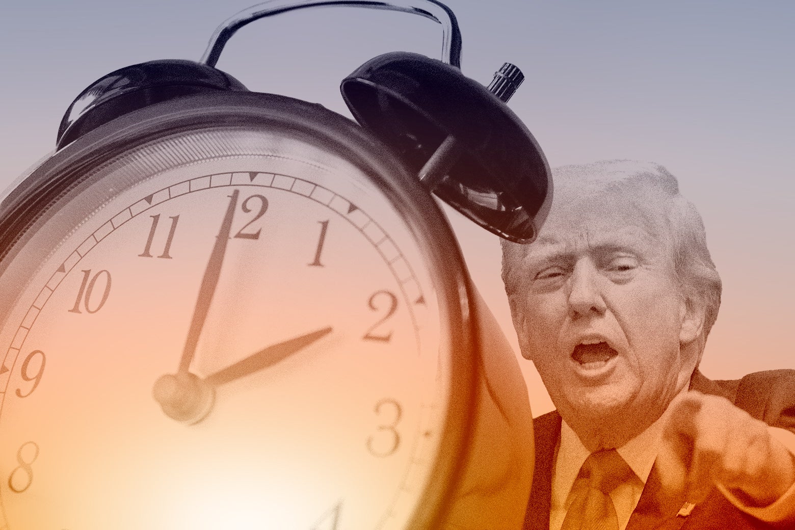 Trump pointing to an alarm clock with his arms set at 2 a.m.