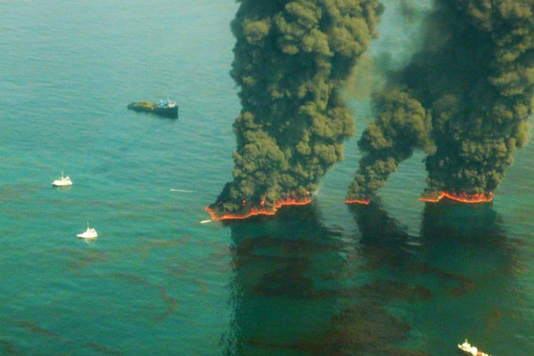 Smoke rises from a controlled burn May 19, 2010 in the Gulf of Mexico.