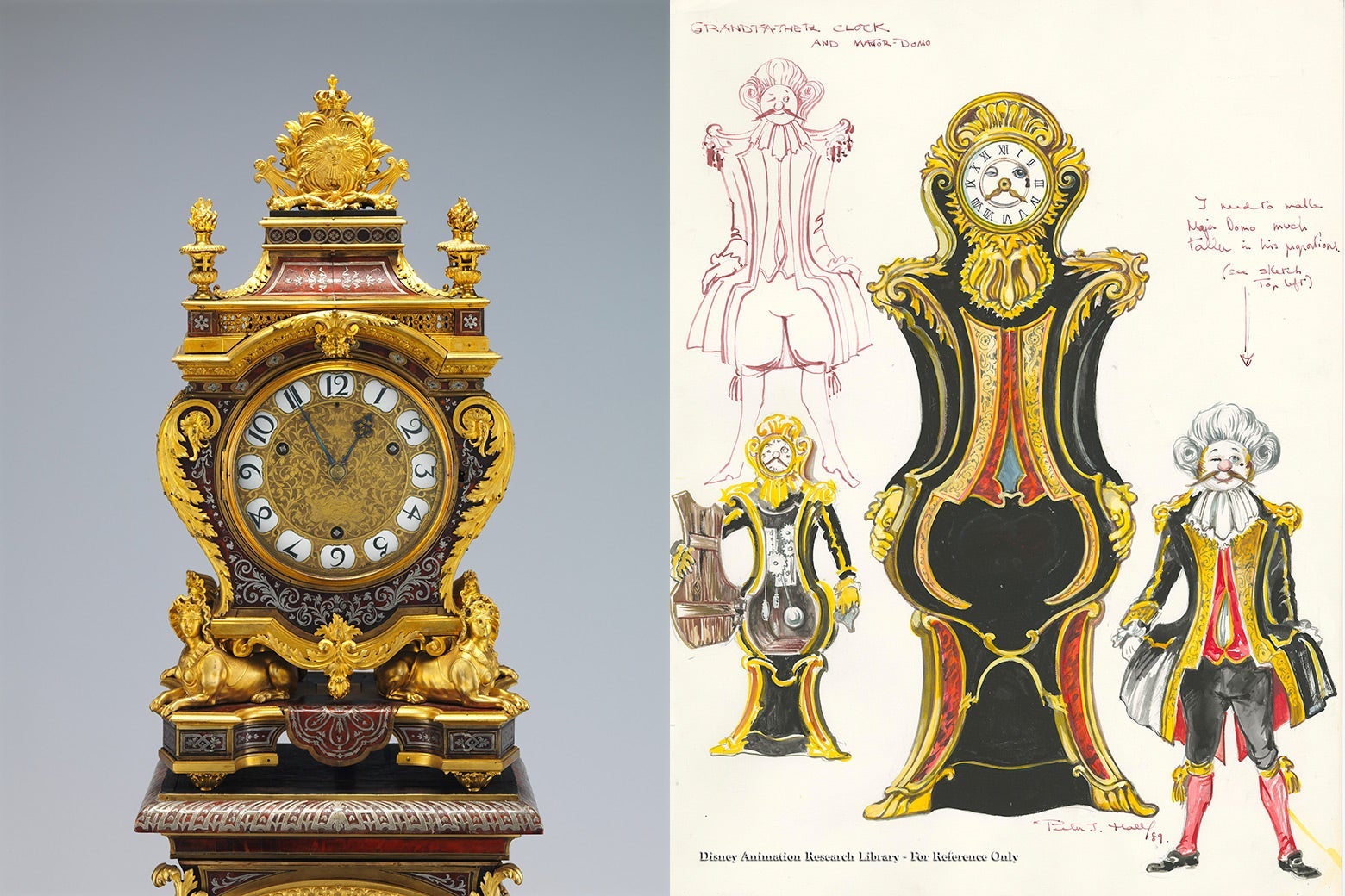 An old French clock case, and a concept drawing from Beauty and the Beast of the French clock character.