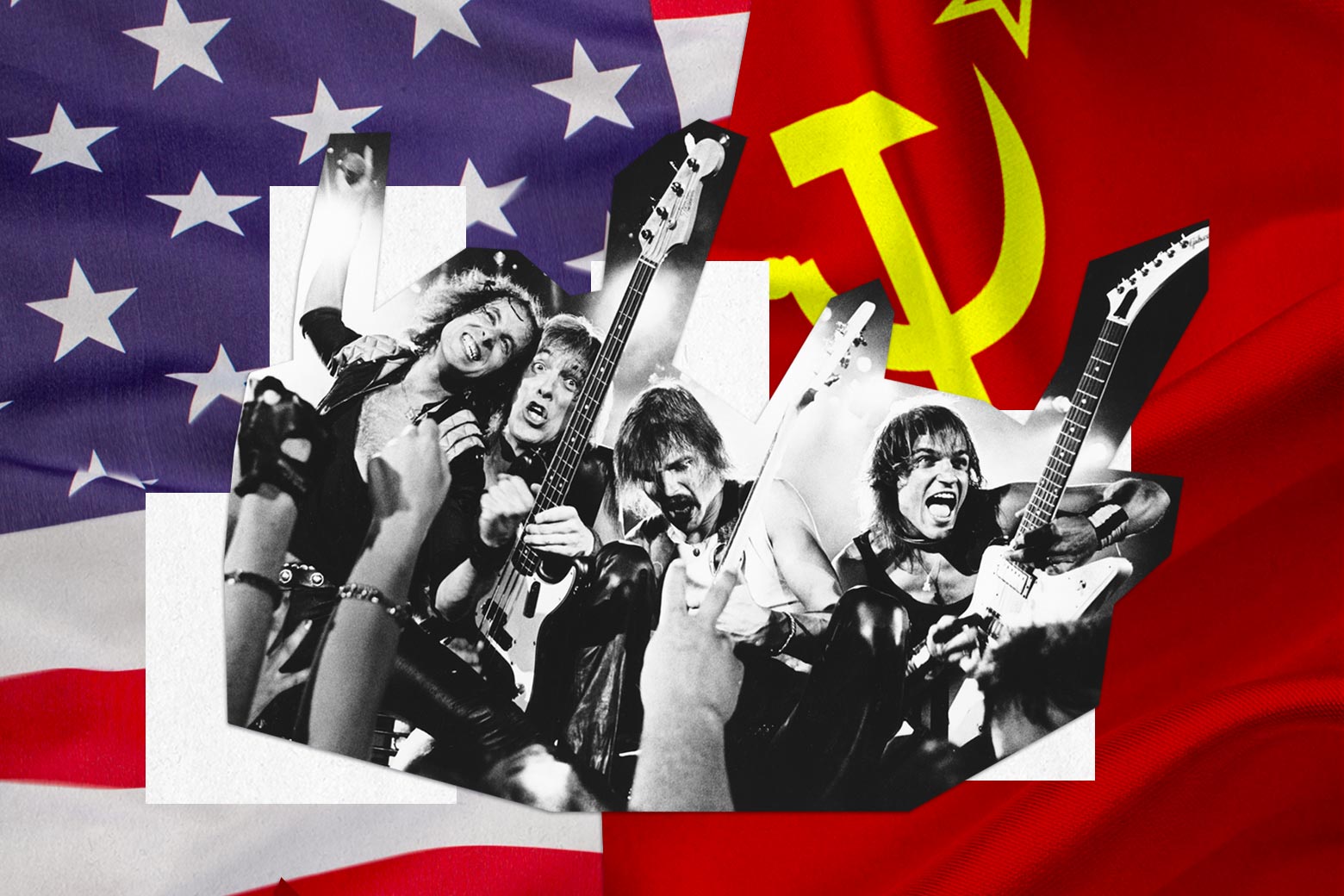 Scorpions, their many guitars raised high, backed by the dueling flags of the U.S. and the USSR.